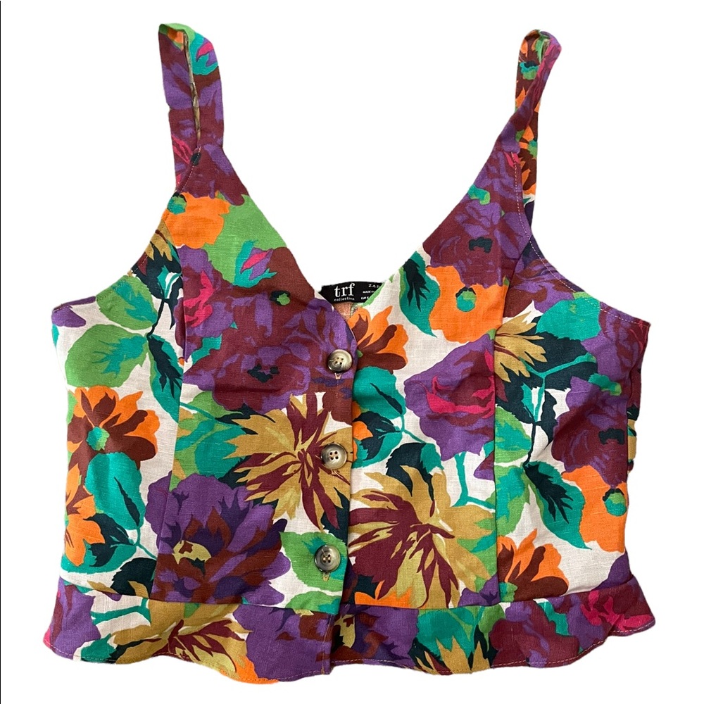 Zara Womens Linen Blend Floral Printed Crop Topssale Sz S